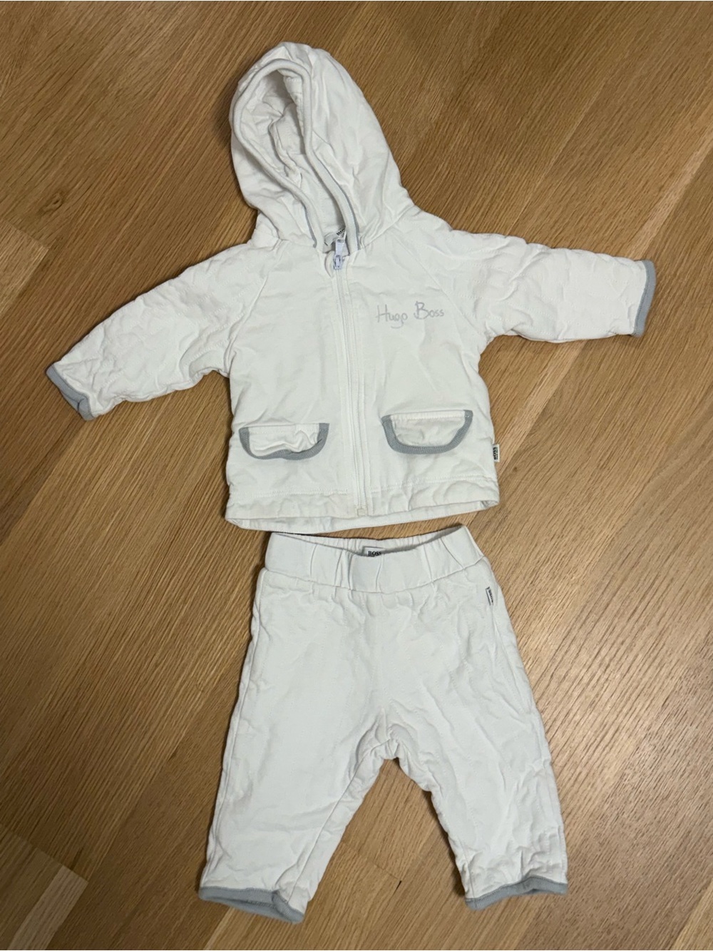 Hugo Boss White Quilted Baby Hoodie and Pants Set with Gray Trim